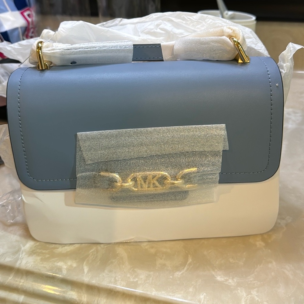 Michael Kors Heather Blue Chambray Multi Leather Large Shoulder Bag Nwt
